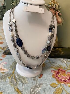 Chico's Silver-Tone Necklace with Navy and Pearl Accents